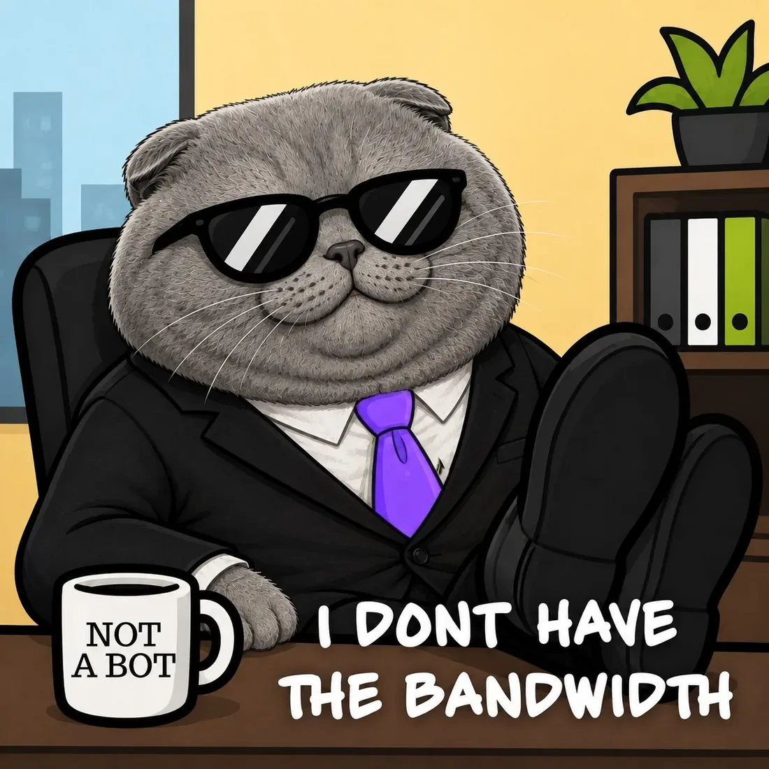 Cartoon of Corporate Cat in sunglasses with feet on desk, captioned I dont have the bandwidth, holding a mug that reads not a bot