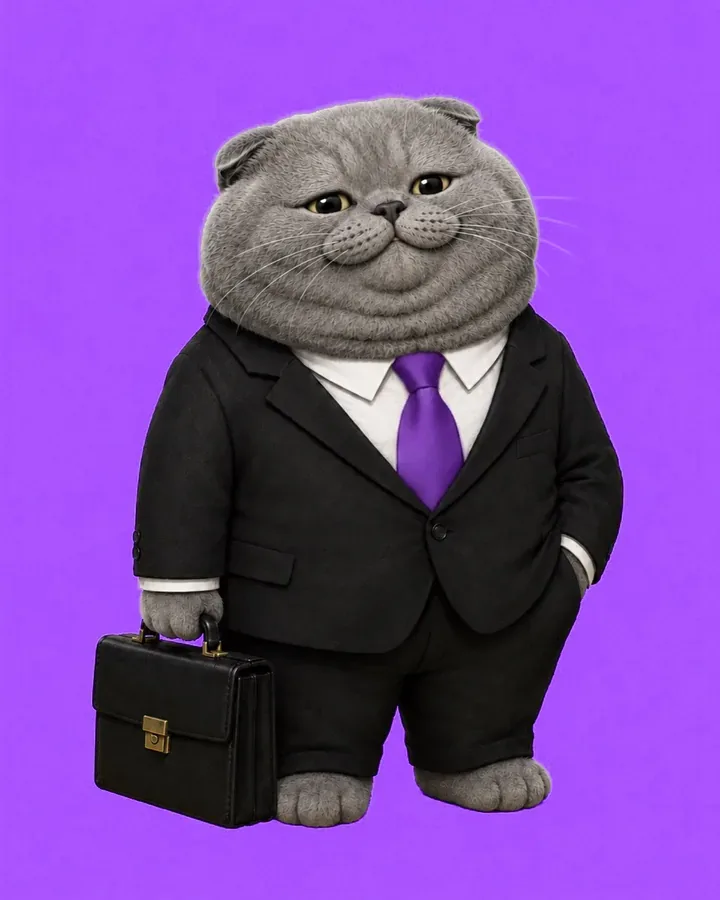 Corporate Cat, a grey cat in a dark suit and purple tie, holding a briefcase