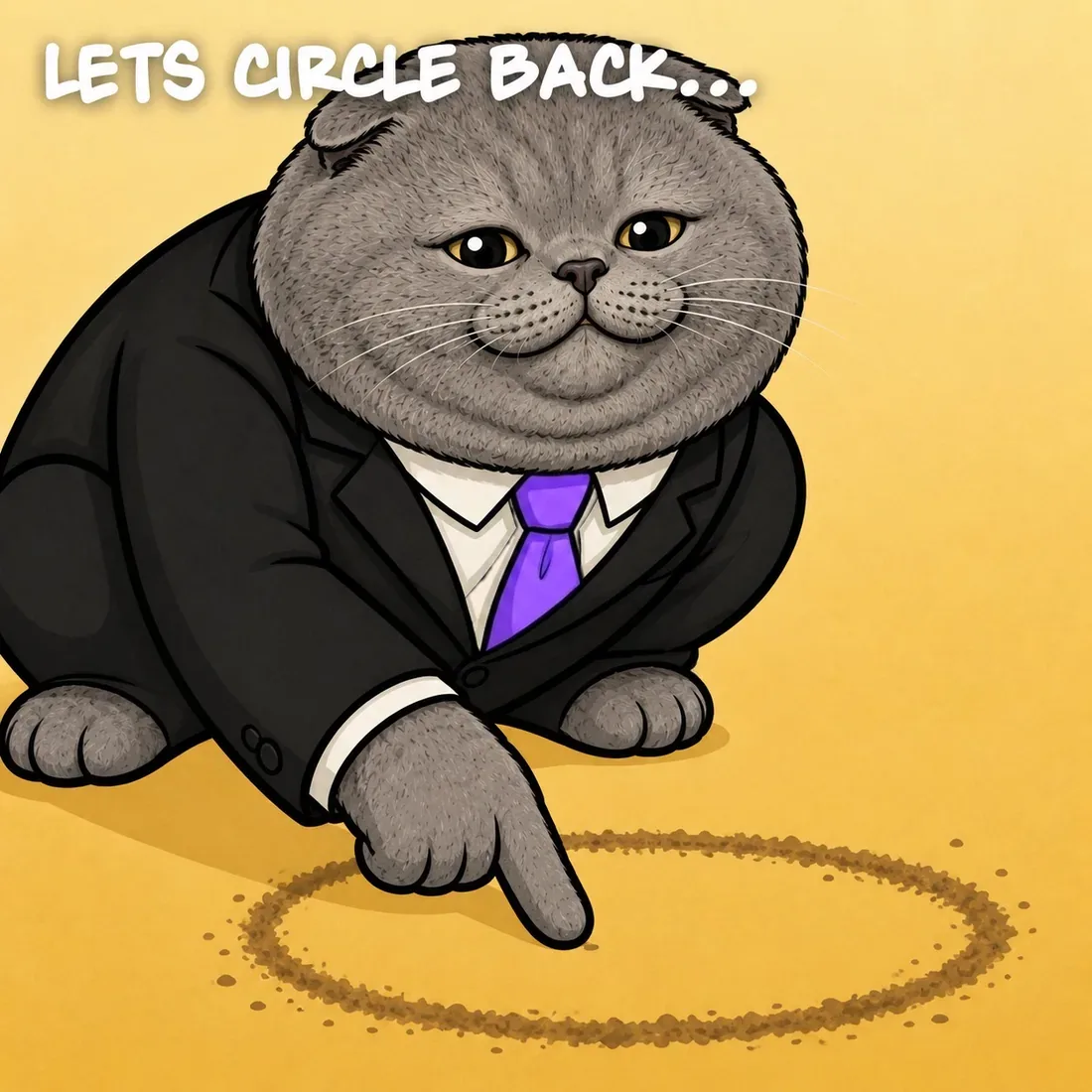 Cartoon of Corporate Cat drawing a circle in sand, captioned lets circle back