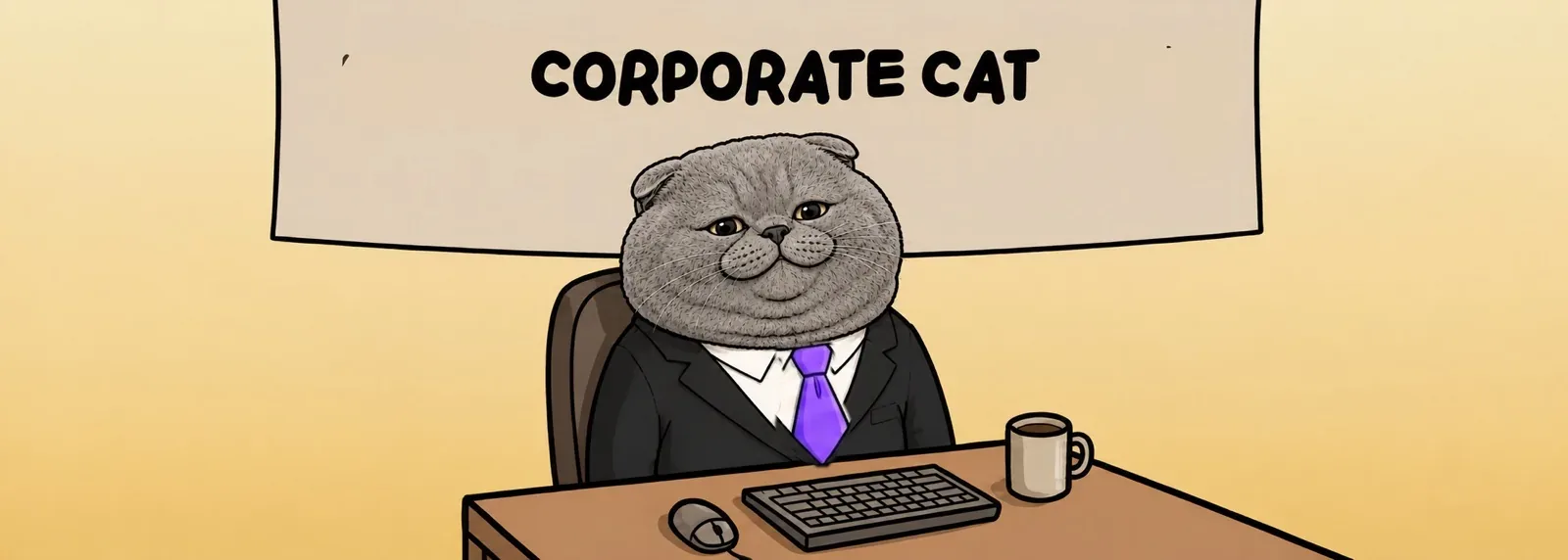 Corporate Cat sitting at the front desk under a Corporate Cat banner